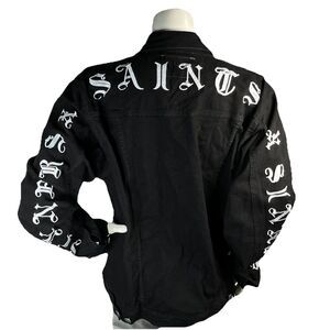 FWRD DENIM Saints & Sinners Spellout Denim Jacket Men 3XL Moto Distressed Black